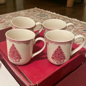 NWT Johnson Brothers Old Britain Castles Pink Christmas Tree Mugs (4 total)